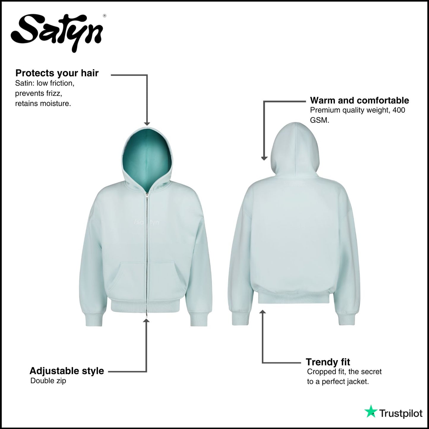 Hoodie Zip /satyn - Cyan SOLD OUT