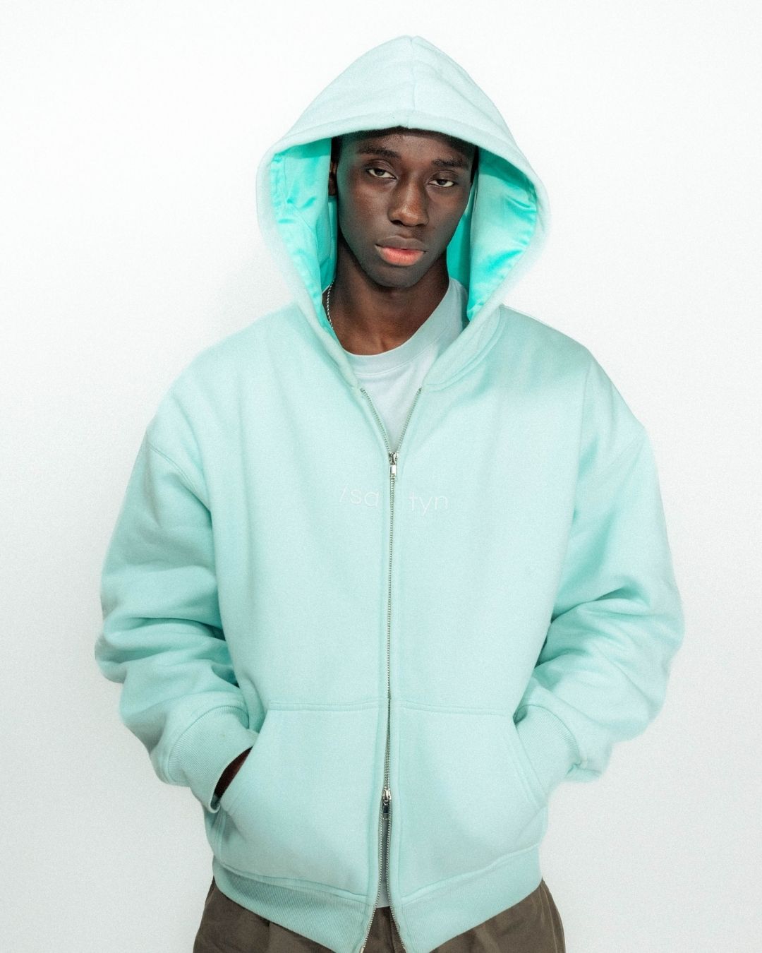 Hoodie Zip /satyn - Cyan SOLD OUT